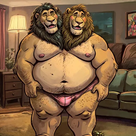 solo, two headed masculine lion heads face to face, laughing, relieved, by dramamine, identical:1.9, obese, bending over, hands on thighs, old, thick necks, living room background, shirtless, nipples, pink briefs, navel, dirty, disgusting, gross, ugly, yel...