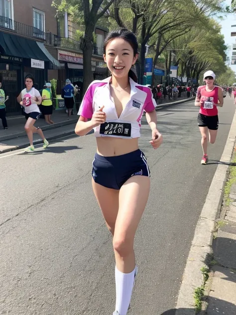 Slender beauties wearing marathon uniforms that expose their bellies and crotches。expose your upper body、small breasts with large nipples。They were running down the road with smiles on their faces.、There are a lot of spectators on the sidewalk。