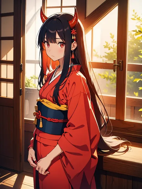 1girl,serious,very long hair,straight hair,black hair,blunt bangs, dark eyes,room,Medieval japanese House,By the window,kimono maid costume,sunlight shines through the window,from side,cowboy shot,looking at viewer,calm atmosphere,tall female,standing,oni ...