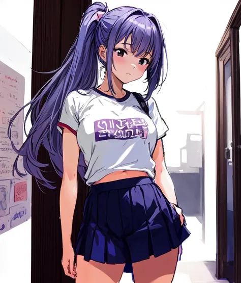 A beautiful girl with beautiful legs and a long wisteria-purple ponytail with a light pink ribbon attached to her hair opens her eyes wide in the school hallway, wearing white gym clothes and dark blue bloomers shaped like panties. standing with mouth open...