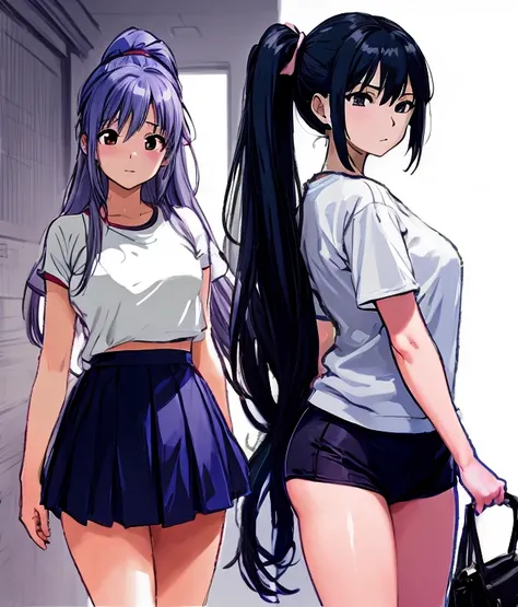 A beautiful girl with beautiful legs and a long wisteria-purple ponytail with a light pink ribbon attached to her hair opens her eyes wide in the school hallway, wearing white gym clothes and dark blue bloomers shaped like panties. standing with mouth open...