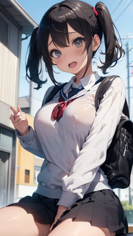 Ahegao、Cumming face、big breasts、school bag、(Squirting、spread your legs、masturbation:1.2)、short twintail hair、