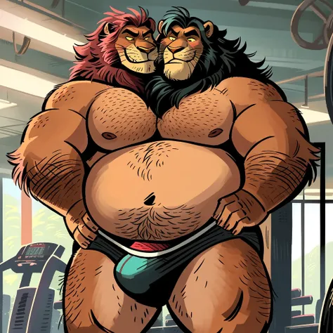 Solo, male, two headed lion heads face to face, obese, hairy, ((by dramamine)), jockstrap, erection, underwear stretch, underwear pull, smirking, evil expression, rape face, gym background, hands on hips