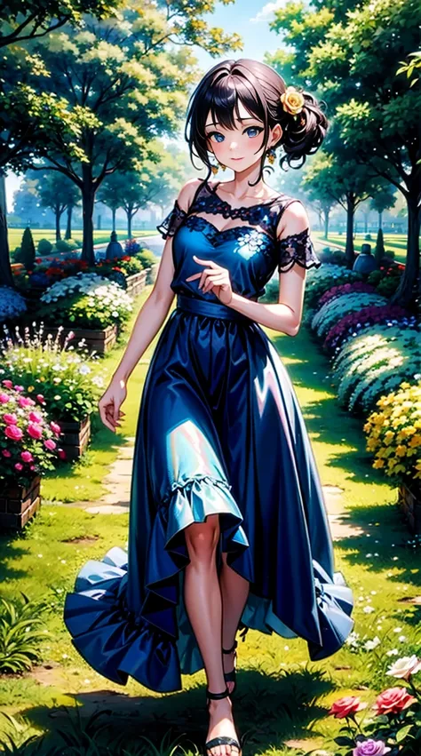 1 girl in a beautiful garden, vibrant flowers, sunlight filtering through trees, a soft breeze caressing her flowing dress. her ...