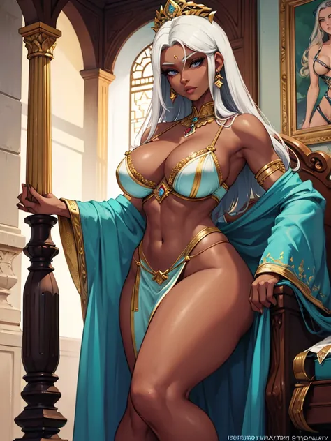 (best quality,highres),dark-skinned,wisdom:1.1,graceful,mid-age,white-haired,mesmerizing eyes,thick lips,airy movement,shimmering gold bra,iridescent sheer skirt,ethereal,glowing skin,confident pose,radiant presence,powerful physique,solemn expression,shar...