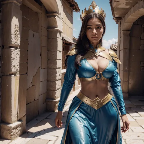 (8k、maximum quality、obra-prima:1.2) Delza woman standing, looking directly at the camera, uma linda mulher bem torneada com (medieval bra style armor vest) fitness, com (bordados de ouro), e uma azul (medieval armor style Short Plastic and Plastic futurist...