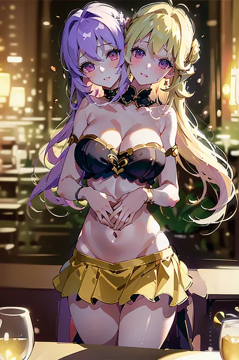 (masterpiece, best quality),best quality, (ultra-detailed), (3heads:1.4), 1girl, (maribel hearn:1.3), masterpiece, best quality, purple top, crop top, ((stomach)), midriff, ((groin)), purple skirt, frilled skirt, miniskirt, normal ears, shackles, blonde ha...