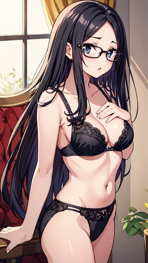 Illustration of a beautiful girl in her early teens with long black straight hair and glasses trying to fasten the hooks of a light pink front-hook bra、I&#39;m excited to wear a bra for the first time