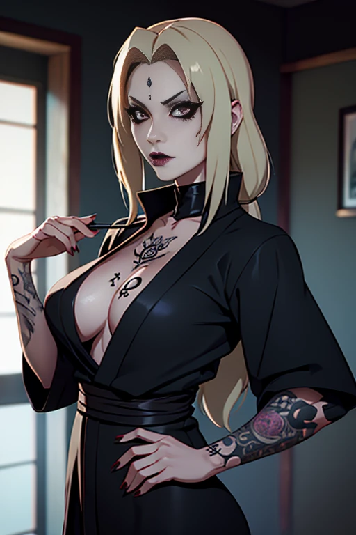 Tsunade, Goth tattoos, goth make-up, dark room,