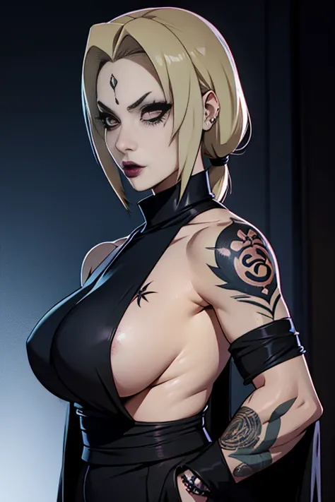 Tsunade, Goth tattoos, goth make-up, dark room, natural breasts,