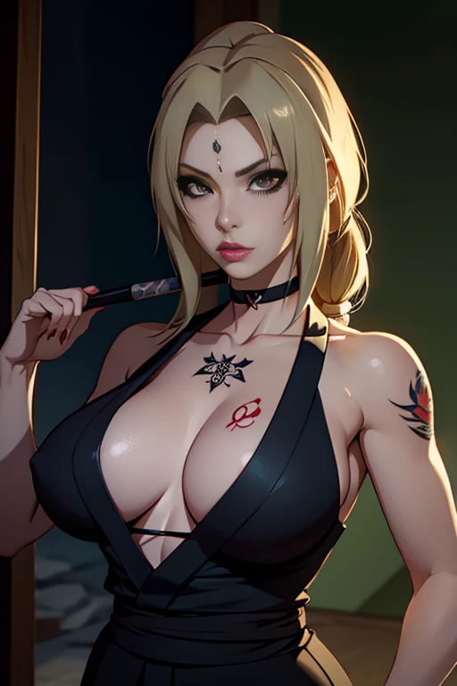 Dark Tsunade, tattoos, make-up, dark room, natural breasts,