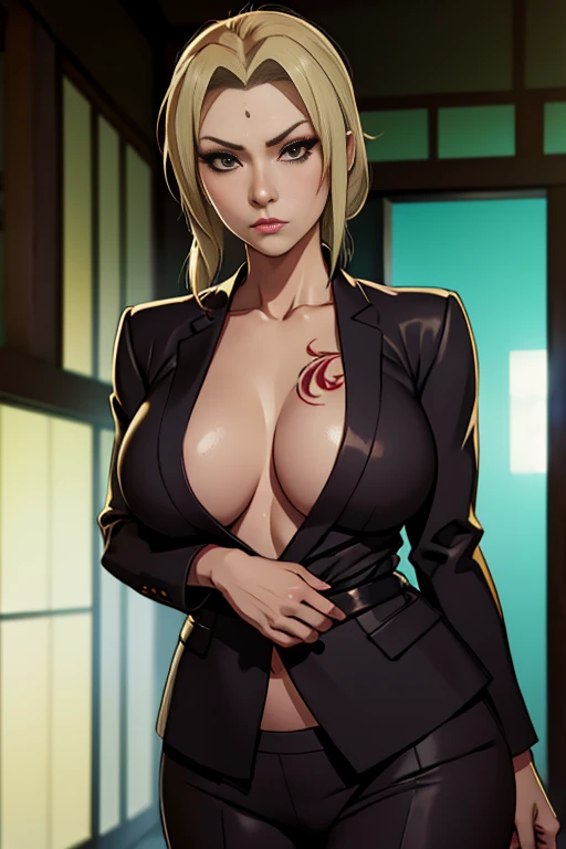 Yakuza Boss, Tsunade, tattoos, make-up, dark room, natural breasts, suit,