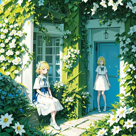 (2 girls, blonde hair, blue eyes, white sundress, kawaii), (white flower field, green road, brick tunnel, sunlight filtering through the foliage), (low contrast, flat color, limited palette)