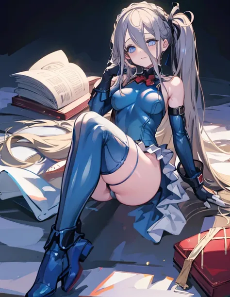 highest quality,sleeping face up in bed，Crab crotch，please show me your boots，thigh high boots，leotardチラ見せ，glove，Strange thieves，elegant, 1 girl, leotard，body suit，cute, blushed, looking at the viewer, from below, prison，blue eyes, beautiful eyes, beautifu...