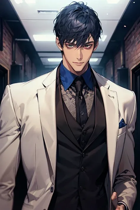 ((muste piece)), ((best quality)), ((brown skin)), ((dark blue eyes)), ((Dark blue hair))、handsome man , ((very very short hair)), masculine、tall、sexy、Adult man、Three white eyes、handsome man、firmly、muscular、broad shoulders、smile、wild、とてもwild、(((black suit)...