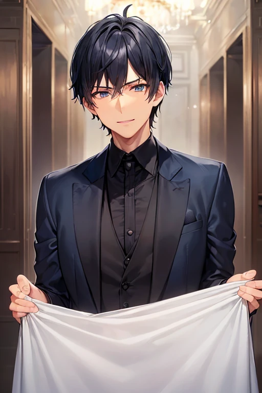 ((muste piece)), ((best quality)), ((brown skin)), ((dark blue eyes)), ((Dark blue hair))、handsome man , ((very very short hair)), masculine、tall、sexy、Adult man、Three white eyes、handsome man、firmly、muscular、broad shoulders、smile、wild、とてもwild、(((black suit)...