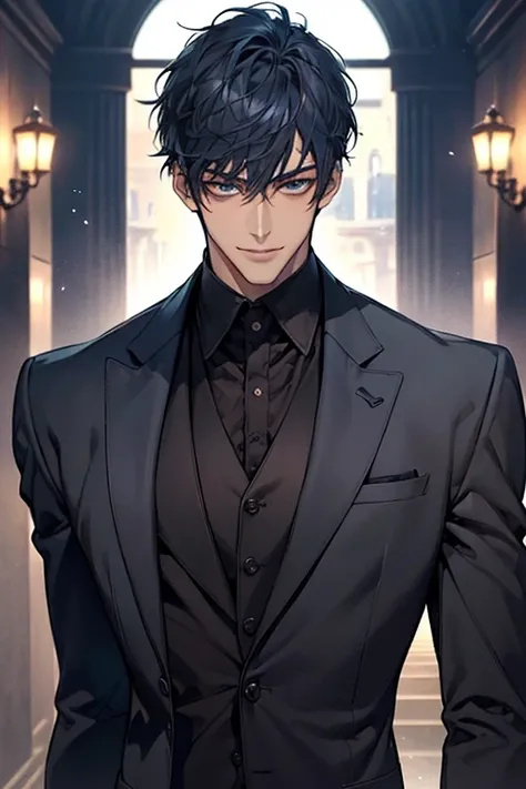 ((muste piece)), ((best quality)), ((brown skin)), ((dark blue eyes)), ((Dark blue hair))、handsome man , ((very very short hair)), masculine、tall、sexy、Adult man、Three white eyes、handsome man、firmly、muscular、broad shoulders、smile、wild、とてもwild、(((black suit)...