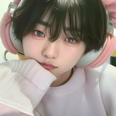 Theres a boy with headphones and a pink sweater, Ulzzang, male Ulzzang, adorable and pale korean face, cai xukun, Jinyoung Shin, kanliu666, Kim Doyoung, ruan fofo vtuber, Jung Jaehyun, chiho, jaeyeon nam, e-garota, e - garota, sakimichan, Jimin Bts, Bts Ji...