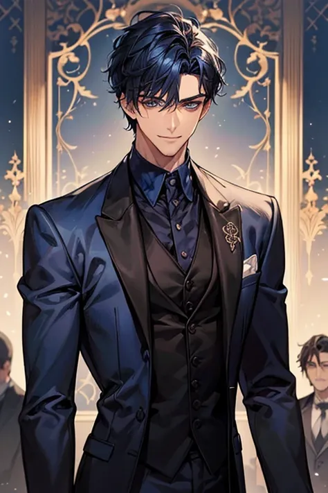 ((muste piece)), ((best quality)), ((brown skin)), ((dark blue eyes)), ((Dark blue hair))、handsome man , ((short hair)), masculine、tall、sexy、Adult man、Three white eyes、handsome man、firmly、muscular、broad shoulders、smile、wild、とてもwild、(((black suit)))、