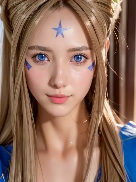 (masterpiece, best quality:1.4), (close up), 1girl, solo, (european youth:1), belldandy, belldandy_blue_dress, goddess face symb...