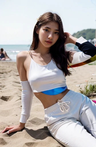 bae suzy, 20 years old women standing at the beach, (wearing white cropped top and white sweat pants), korean girl, gorgeous young korean woman, legs crossed, no extra arms, no extra legs, perfect hands, ((best quality)), ((masterpiece)), (detailed), perfe...