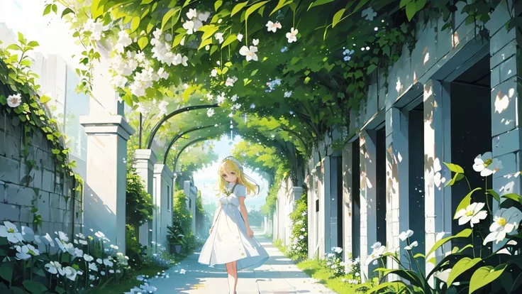 (1 girl, blonde hair, blue eyes, white sundress, kawaii), (white flower field, green road, brick tunnel, sunlight filtering through the foliage, clear water), (low contrast, flat color, limited palette)