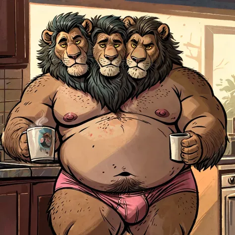 solo, two headed masculine lion, frowning, tired, by dramamine, identical:1.9, fat, walking, holding coffee mug, old, thick necks, kitchen background, shirtless, nipples, pink briefs, navel, dirty, disgusting, gross, ugly, yellow cartoon eyes