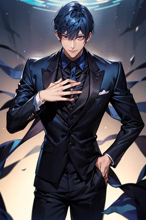 ((muste piece)), ((best quality)), ((brown skin)), ((dark blue eyes)), ((Dark blue hair))、handsome man , masculine、tall、sexy、Adult man、Three white eyes、handsome man、firmly、muscular、broad shoulders、smile、wild、とてもwild、(((black suit))、 (highest quality), very...