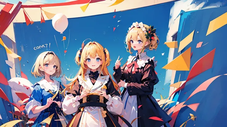 3 girls, blonde hair, blue eyes, kawaii, celebration, congratulation