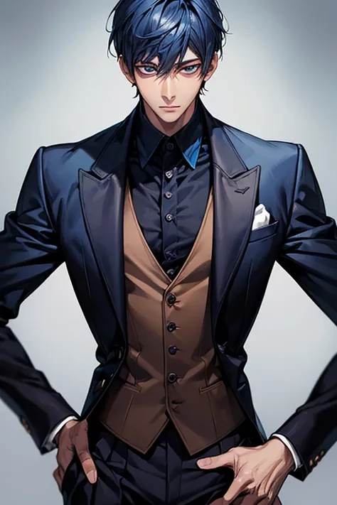 ((muste piece)), ((best quality)), ((brown skin)), ((dark blue eyes)), ((Dark blue hair))、handsome man , masculine、tall、sexy、Adult man、Three white eyes、handsome man、firmly、muscular、broad shoulders、wild、とてもwild、(((black suit))、 (highest quality), very detai...