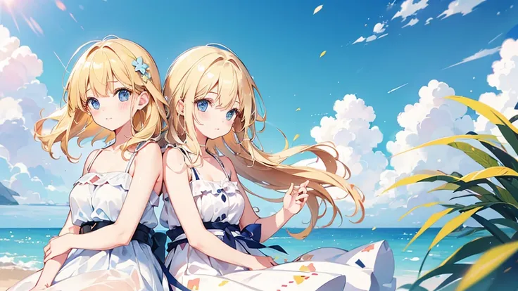 (2 girls, blonde hair, blue eyes, white sundress, kawaii), (celebration, congratulation)