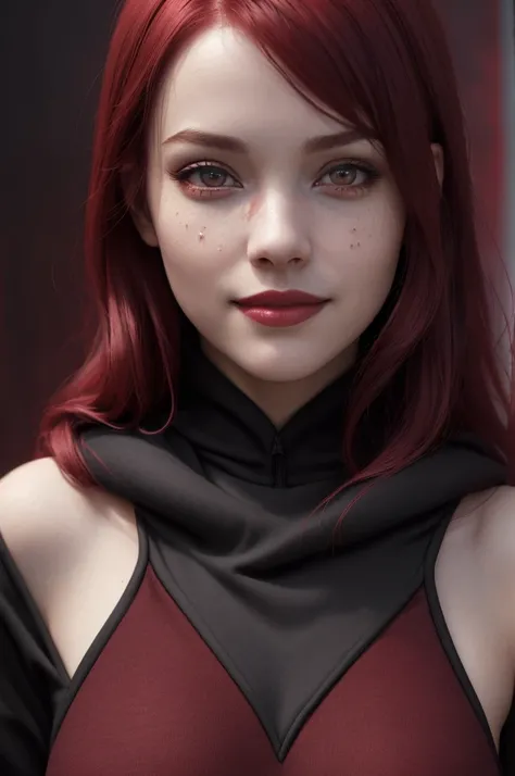 (best quality,4k,8k,highres,masterpiece:1.2),ultra-detailed,(realistic,photorealistic,photo-realistic:1.37),Crimson haired girl,Psychopathic smile,detailed eyes,fierce expression,beautiful detailed lips,slim figure,wearing a tight black hoodie dress,posing...