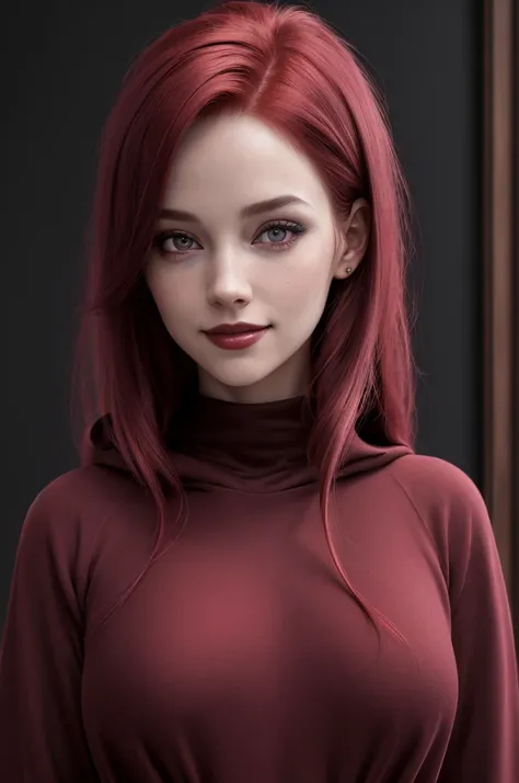 (best quality,4k,8k,highres,masterpiece:1.2),ultra-detailed,(realistic,photorealistic,photo-realistic:1.37),Crimson haired girl,Cringy smile,detailed eyes,fierce expression,beautiful detailed lips,slim figure,wearing a tight black hoodie dress,posing with ...