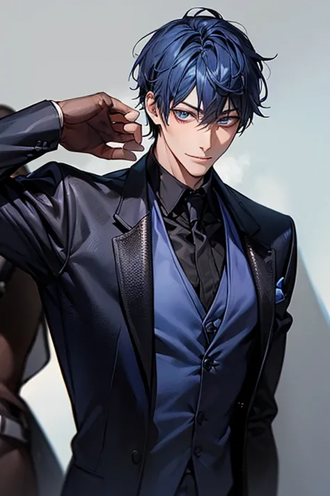 ((muste piece)), ((best quality)), ((brown skin)), ((dark blue eyes)), ((Dark blue hair))、handsome man , masculine、tall、sexy、Adult man、Three white eyes、handsome man、firmly、muscular、broad shoulders、smile、wild、とてもwild、(((black suit))、 (highest quality), very...