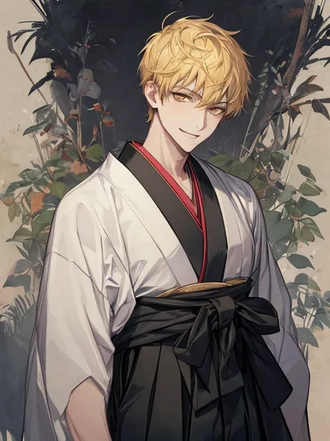 extremely detailed, 1 man, solo, perfect face, pretty face, highly detailed face，yellow short hair, yellow eyebrows、Handsome man with expressive eyes, smiling, yellow eyes、(((Black Hakama)))、(muste piece), (best quality)、