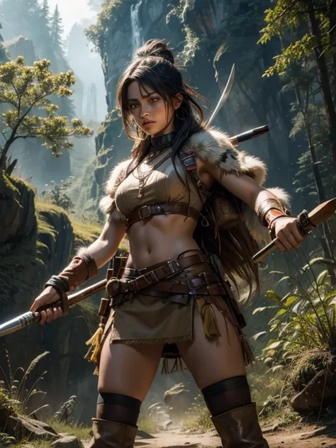 (best quality), (ultra high definition), (crisp), (2girl), a beautiful native American warrior woman, with tomahawk in hand, (action pose), warpaint, hunting in a vast forest, HDR, 4k, 3D.