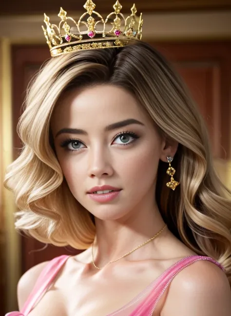 AMBER HEARD BARBIE 35 years old with TIA and pink dress on her head, Retrato cuerpo completo de Barbie, barbiecore, animated barbie doll, princesa de pelo rubio, Princesa de la Inteligencia Artificial, Hermosa princesa femenina, Barbie, Una hermosa princes...