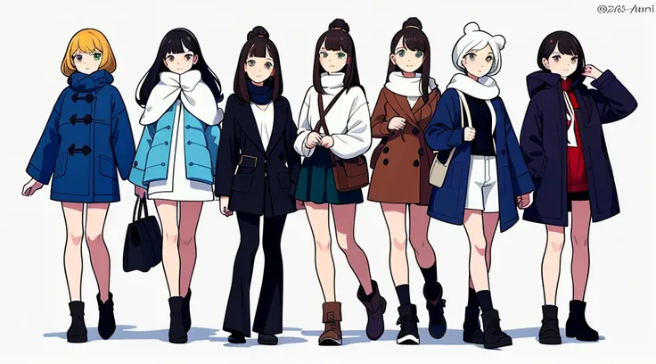 (((Best Quality))) , ((full body)), female, multiple views, white background, variety of hairstyles, variety of fashion styles, seductive pose, fashionable and trendy atmosphere, holding bag, winter outfits, coat/jacket, roaming, walk pose, dark blue/dark ...