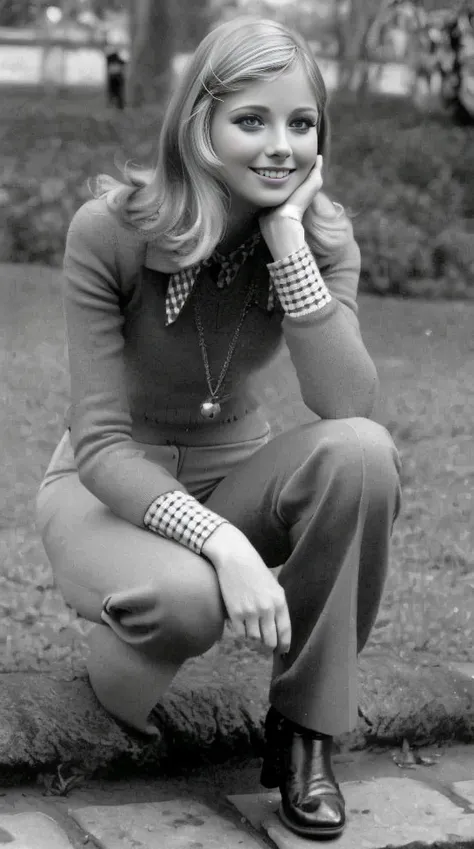 Blonde woman sitting on a brick step in a park., setentas era, Olivia Newton-John, inspirado por Leila Faithfull, 1970s fashion, 1970s style, 1 9 7 0 s estilo, mano en su barbilla, setentas, pose pensativa