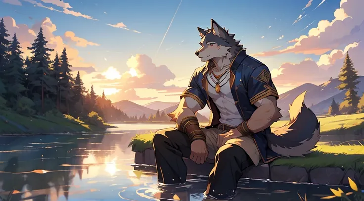 Anthro furry male wolf with a golden crown sitting on the water in the countryside, in the style of makoto shinkai, romantic manga, michael malm, expansive skies, frank quitely, calming, post-conceptual, majestic, muscular, handsome 