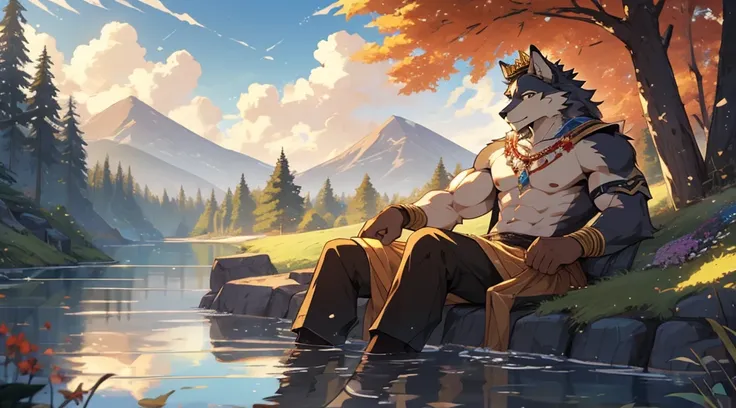 Anthro furry male wolf with a golden crown sitting on the water in the countryside, in the style of makoto shinkai, romantic manga, michael malm, expansive skies, frank quitely, calming, post-conceptual, majestic, muscular, handsome 