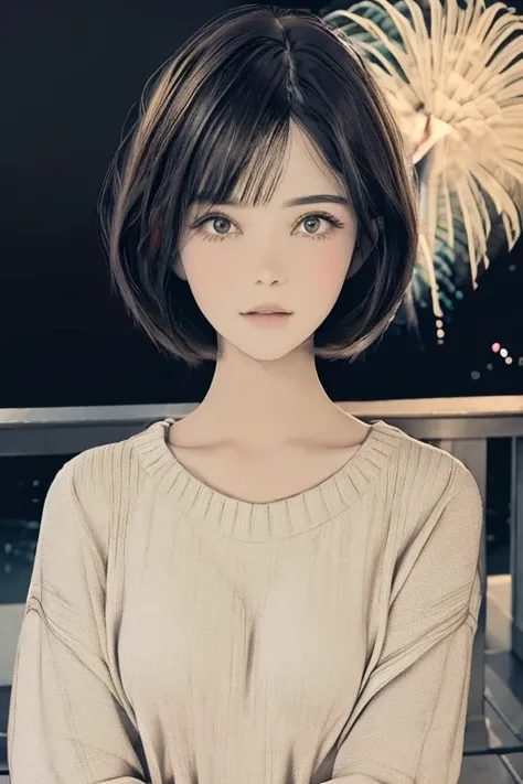 (masterpiece:1.3), (8k, lifelike, original photo, best quality: 1.4), (1 girl), pretty face, (realistic face), (black hair, short hair:1.3), beautiful hairstyle, realistic eyes, Beautiful and delicate eyes, (lifelike皮肤), beautiful skin, (sweater), ridiculo...