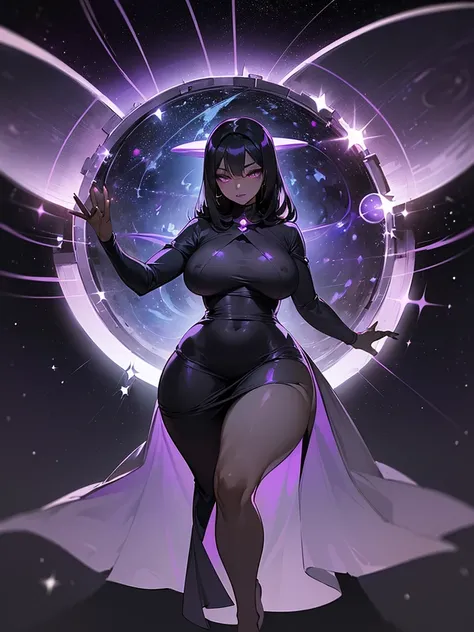 (((Alone Woman))),(((Black skin))),(((Black hair))),(((purple and serene eyes))),((thick lips)),(((thin waist, full breasts and thighs))),(((Being in outer space surrounded by stars))),(((wearing a long beautiful dress)))