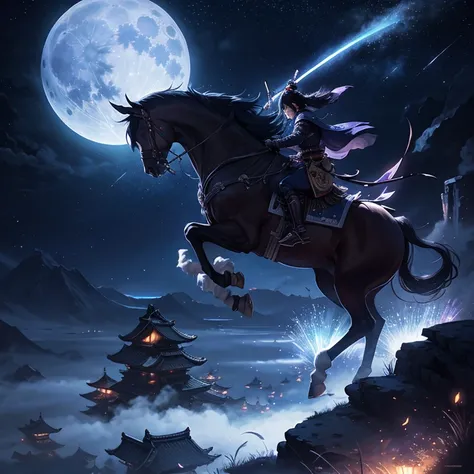 Samurai flying epic stance, fondo luna llena roja, magical landscape, imagen poderosa, perfecta, The best illustration, colores equilibrados, luz nocturna, imagen dramatica