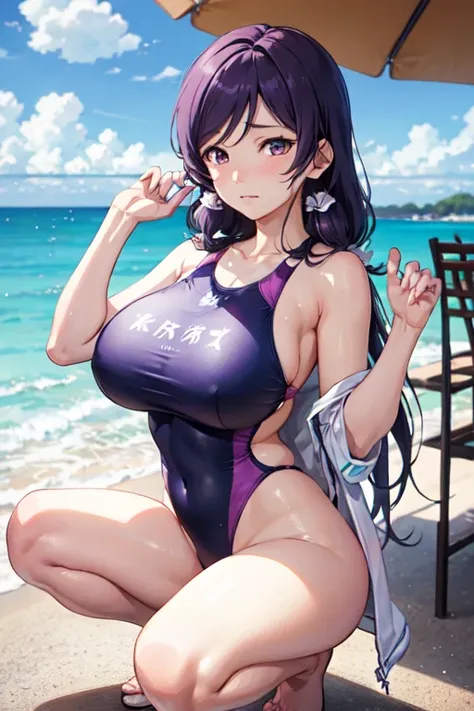 Nozomi Tojo、lovelive!、(swimsuit)、big breasts、squat、straight hair、troubled face