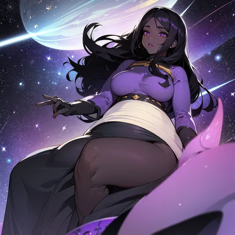 (((Alone Woman))),(((Black skin))),(((Long Black hair))),(((purple and serene eyes))),((thick lips)),(curvy body),(((Being in outer space surrounded by stars))),(((wearing a long beautiful dress)))