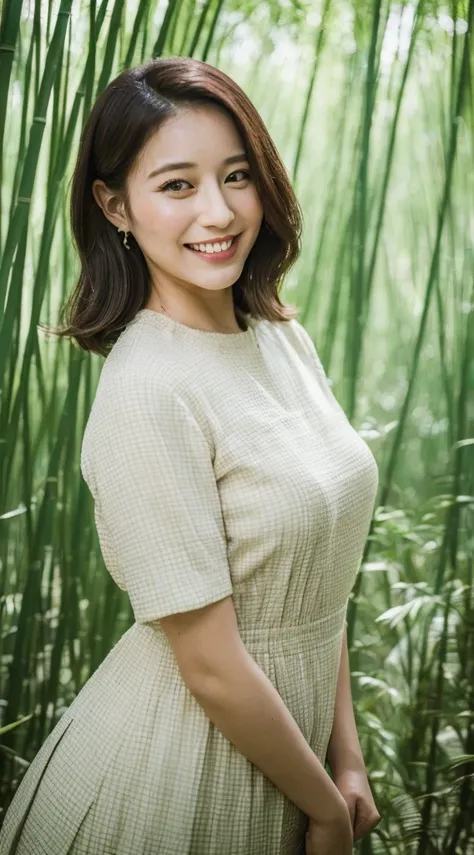 ((better quality, 8k, masterpiece :1.3)), A 25-year-old gentle and kind female teacher，in bamboo forest，She smiled