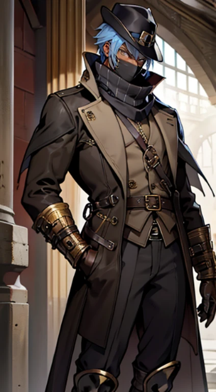 Tall guy, short sky blue hair, Yellow eyes, Mask on the eyes, short black-and-grey jacket with red striped sleeves, Gold Chains, Black pants, fantasy, hiquality, dark skin

Wearing a dark brown trenchcoat, fedora, silver  trim , a brown leather shawl , gra...