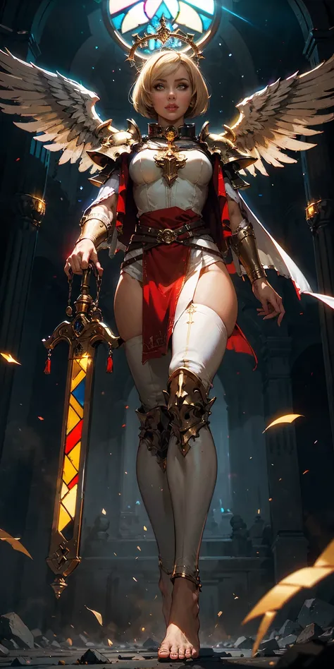 low angle, from below, paladin templar lady in white tabard, legwear, glowing yellow eyes, collar, golden chainmail, wide hips, barefoot, angel wings, pauldrons, halo, bob cut, blonde, eye focus, red cape, temple indoors, decorations, stained glass windows...