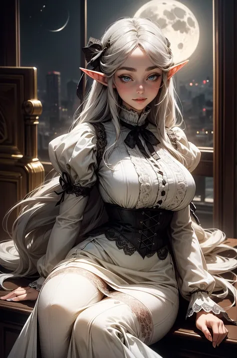 {-erro_de_anatomia:1.0} Moonlit night, sexy elf young victorian girl, very big breasts, white dress, victorian dress, sexy see-through underwear with lace, Beautiful Woman, happy face, gray hair, long hair, sitting on the floor,1 girl